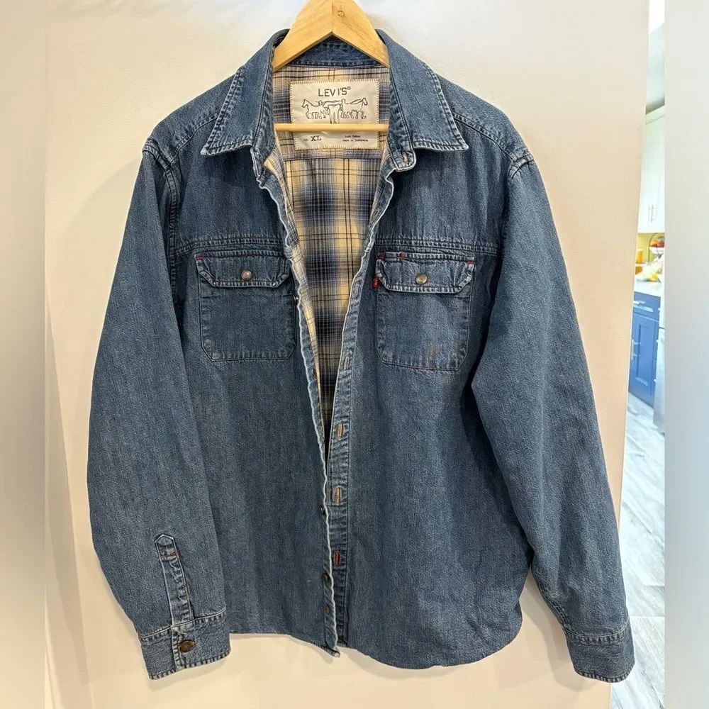 Levi's Blue Denim Shirt Jacket with Plaid Lining
